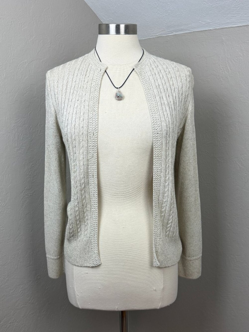 St. John | Cream Cable Knit Open Front Cardigan Sweater